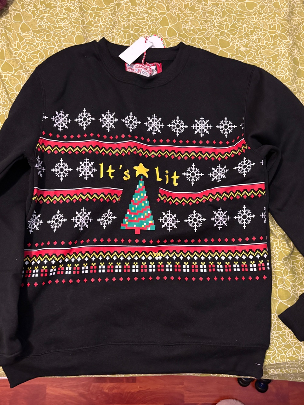 Ugly Christmas Sweater Black Holiday Sweatshirt with Colorful Tree